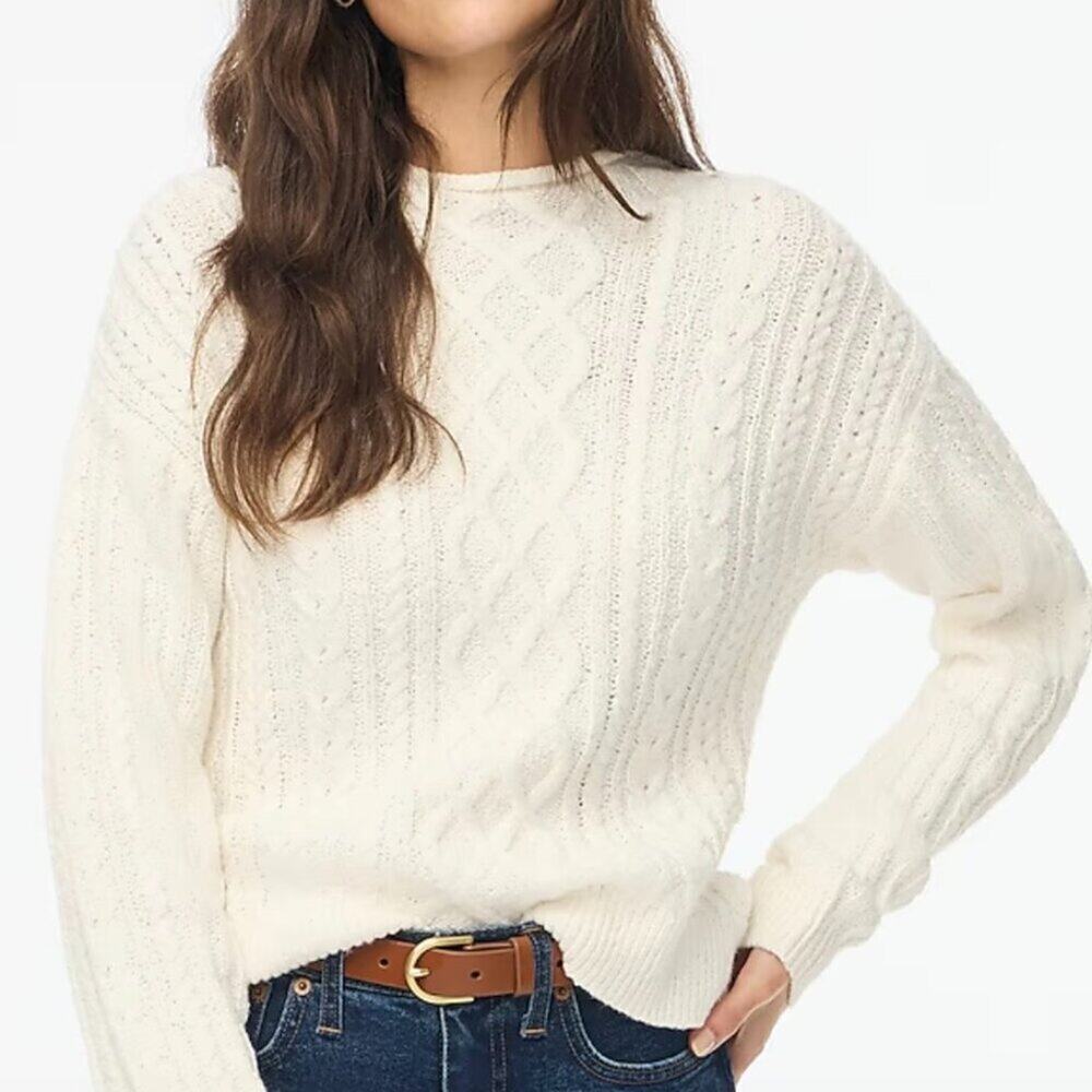 J.Crew Factory Wms Soft Cable Knit Mock Neck Fisherman Sweater Ivory Sz L #625